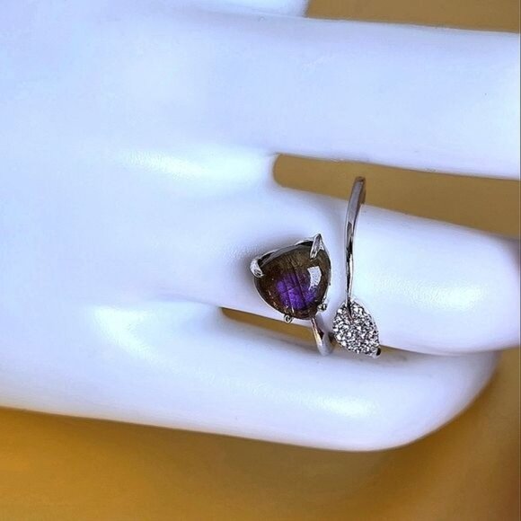 Natural Labradorite & CZ 925 Sterling Silver Ring Sz 6.5 (ADJUSTABLE) - Picture 6 of 7